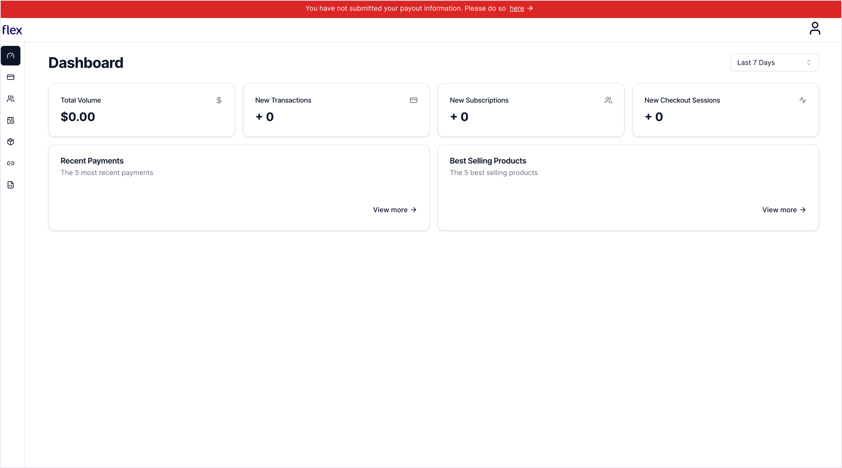 Screenshot of the Flex dashboard with a payment information alert
