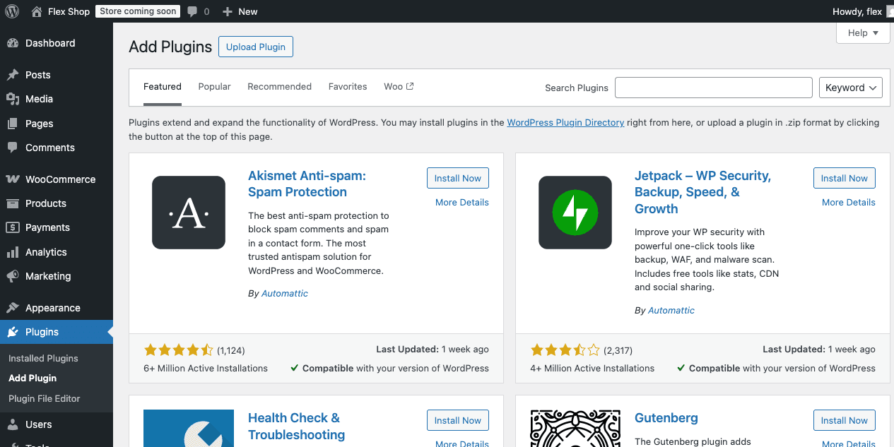 Screenshot of WordPress Add Plugins admin page