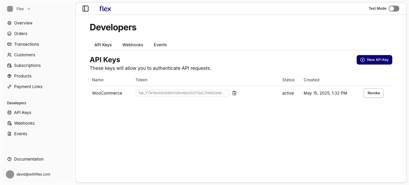 Screenshot of Flex Dashboard API Keys page with a API Key created for WooCommerce