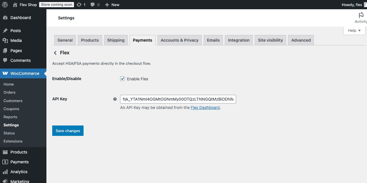 Screenshot of Flex for WooCommerce settings admin page with Enabled checked an API Key provided.