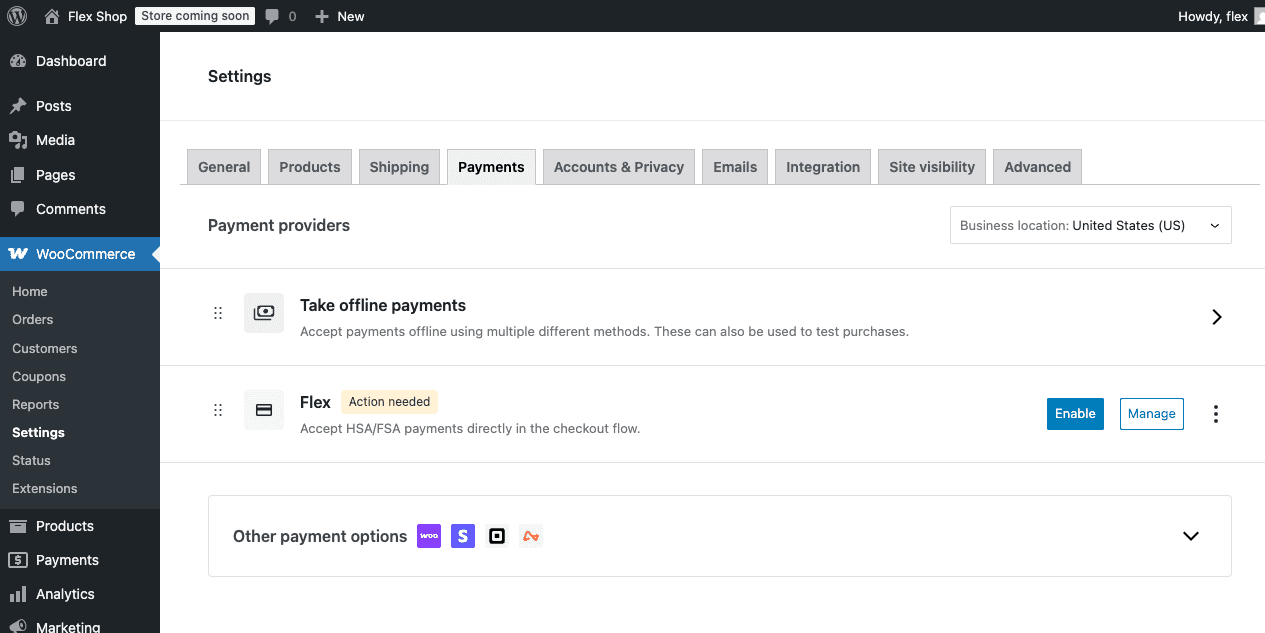 Screenshot of WooCommerce Payments admin page