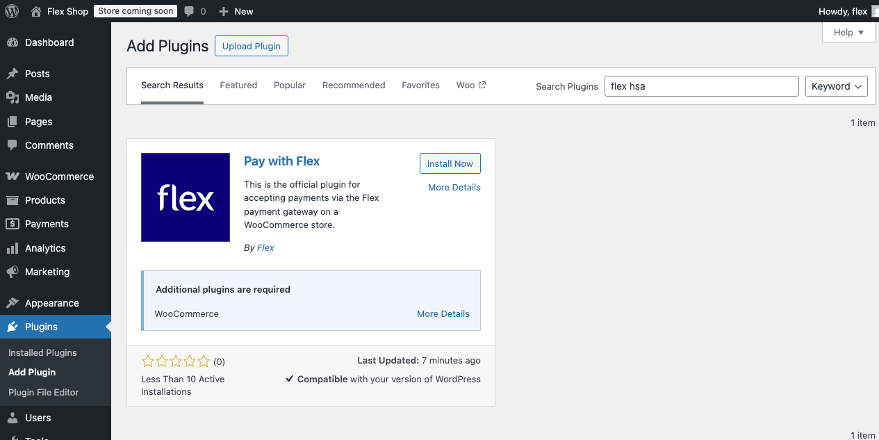 Screenshot of WordPress Add Plugins admin page with the Flex plugin as the only search result