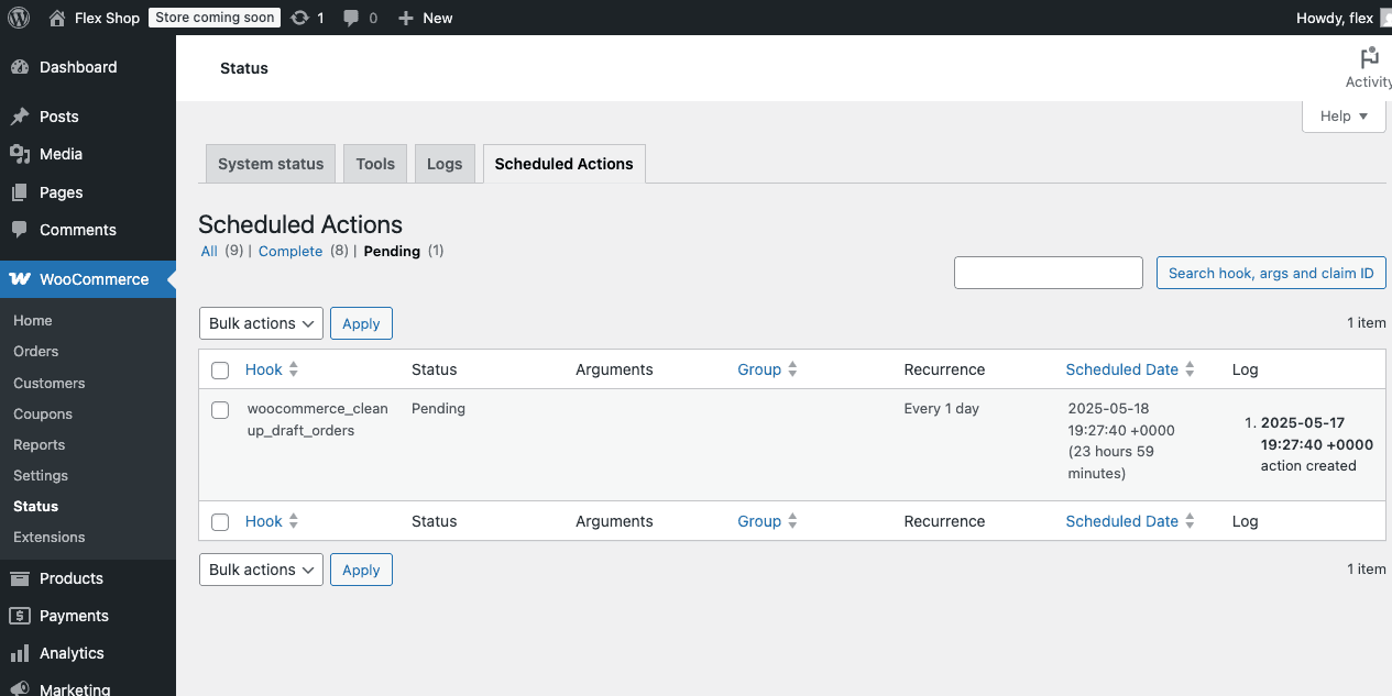 Screenshot of WooCommerce Schedule Actions admin page
