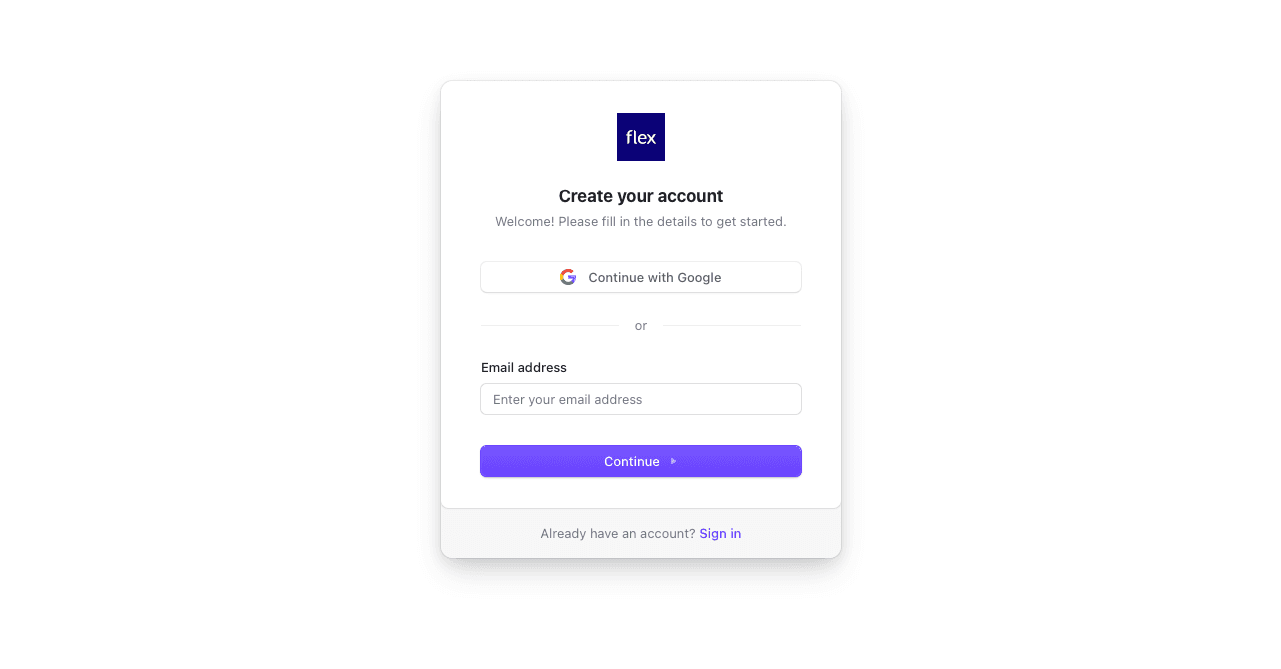 Screenshot of Flex account registration